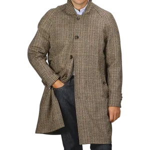 Beige Houndstooth Wool Tweed Reversible Coat