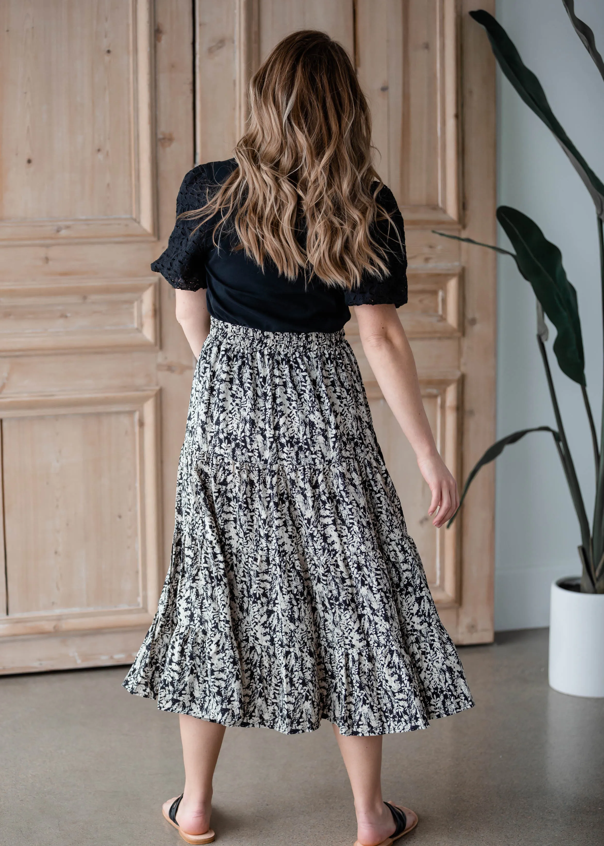 Black & White Leaf Print Tiered Midi Skirt - FINAL SALE