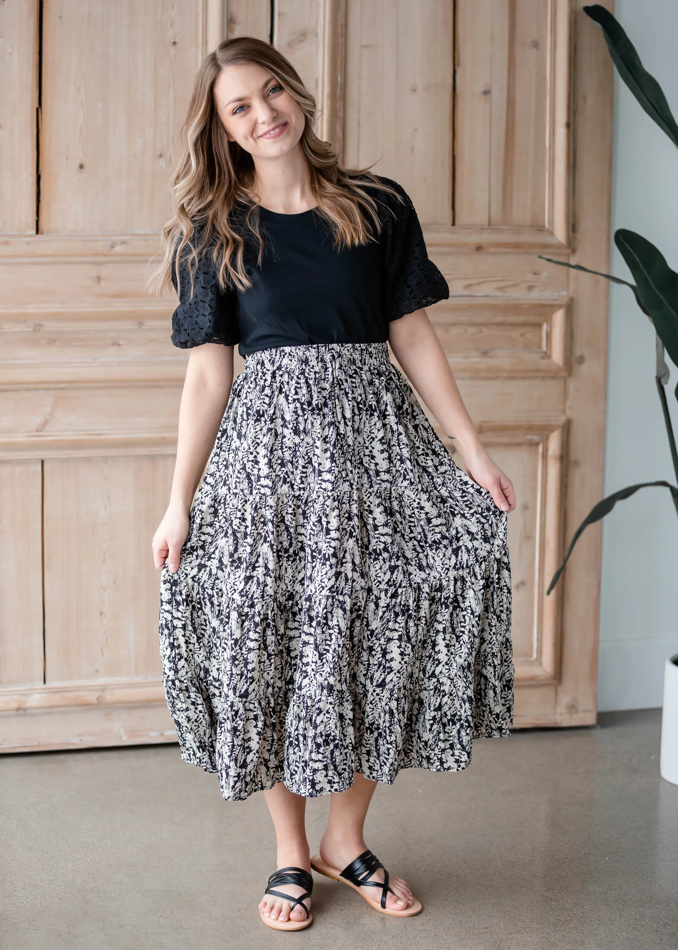 Black & White Leaf Print Tiered Midi Skirt - FINAL SALE