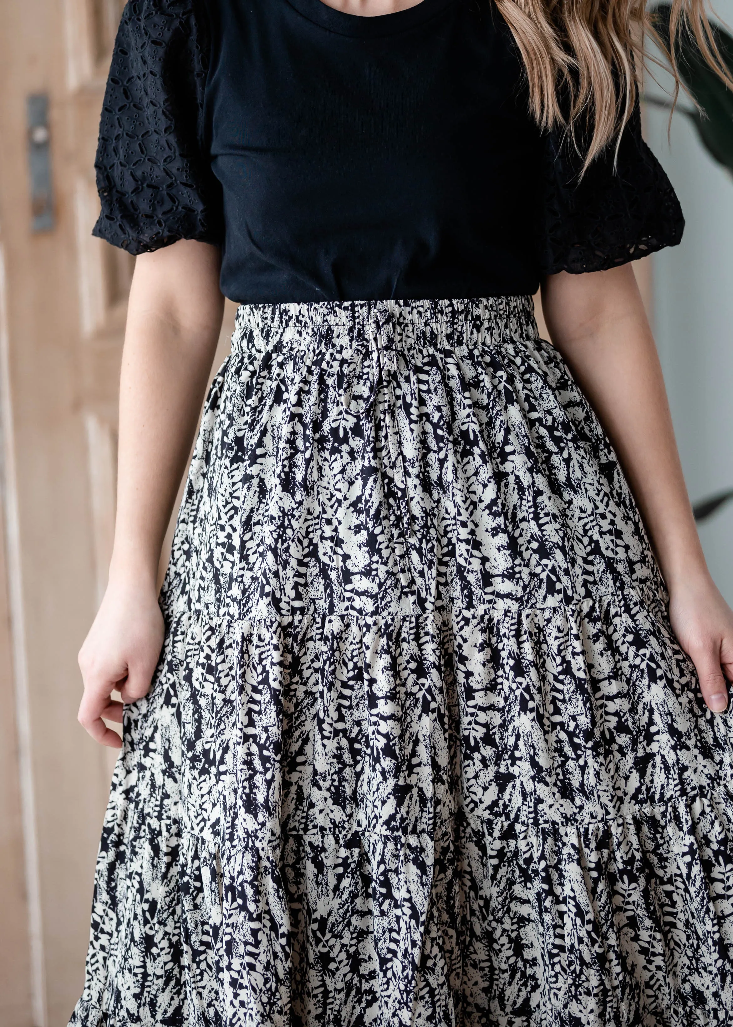 Black & White Leaf Print Tiered Midi Skirt - FINAL SALE