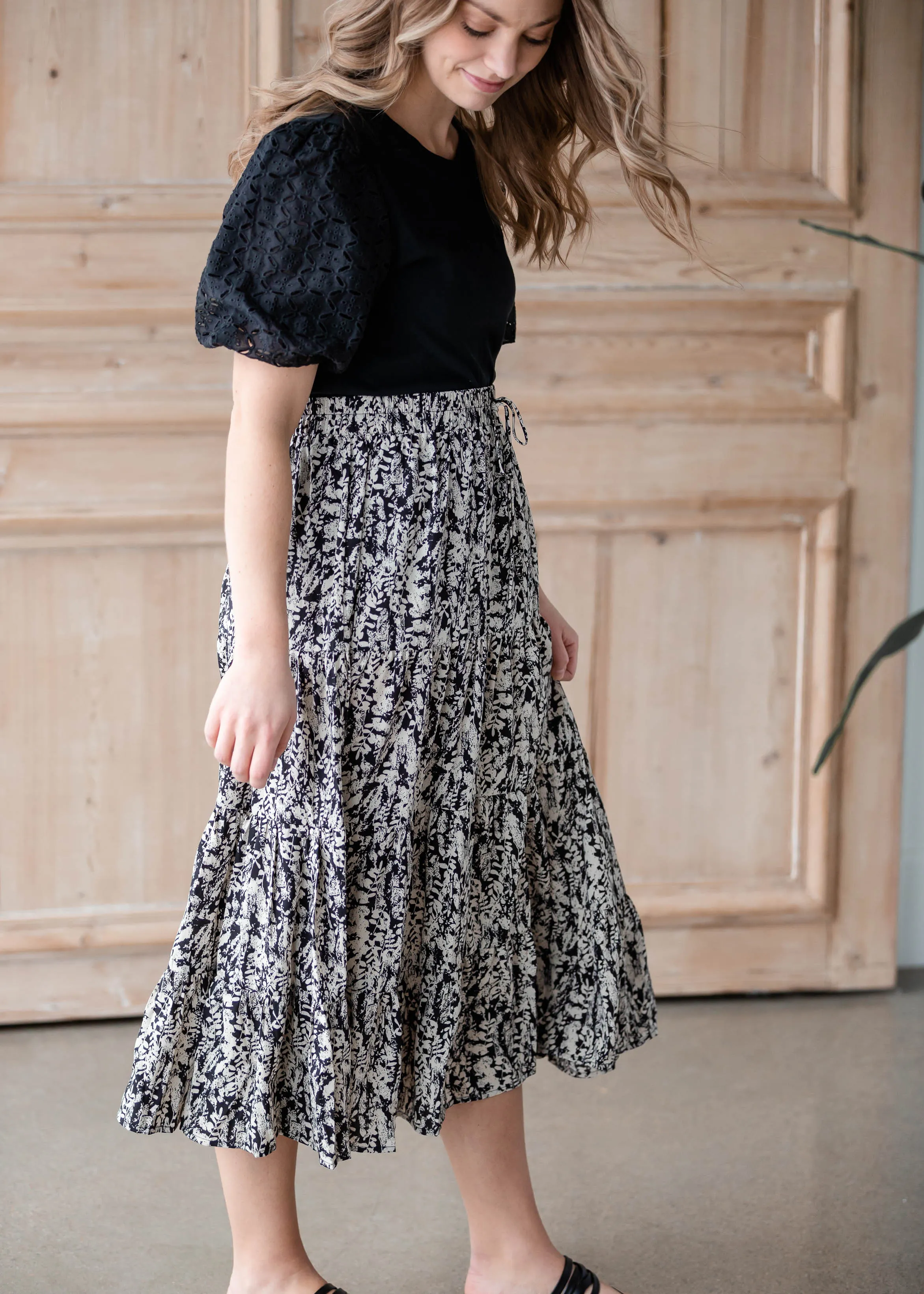 Black & White Leaf Print Tiered Midi Skirt - FINAL SALE