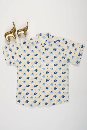 Boys Beige Cotton Shirt with Blue and Navy Elephant Print for Fun and Playful Casual Wear