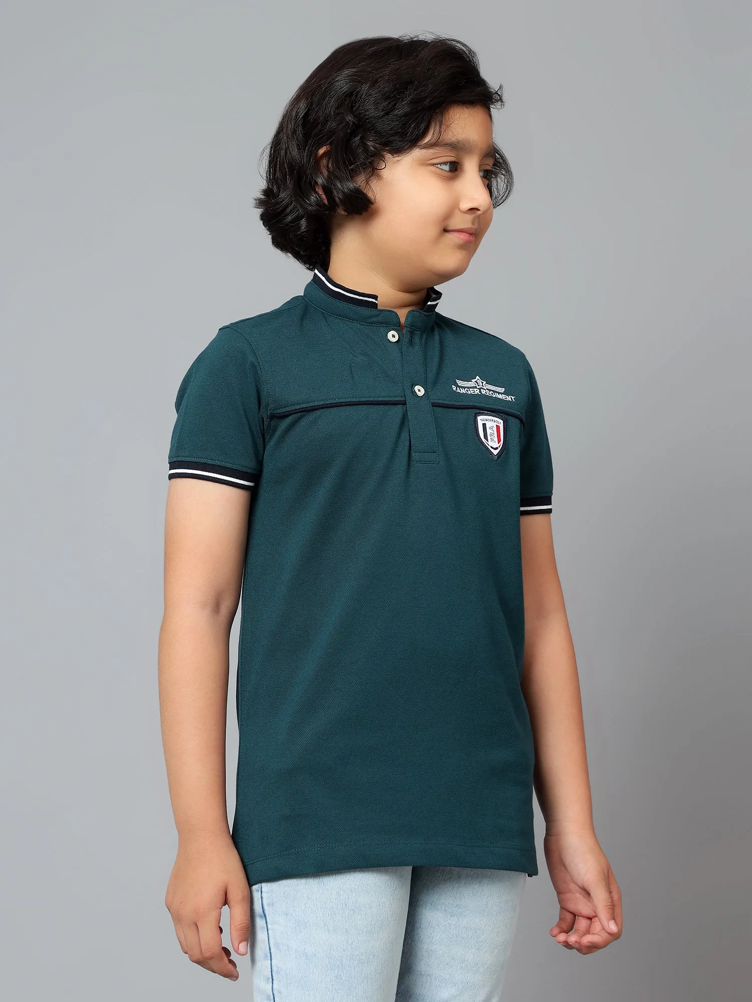 Cantabil Boy's Teal Blue Solid Mandarin Neck Half Sleeve T-shirt