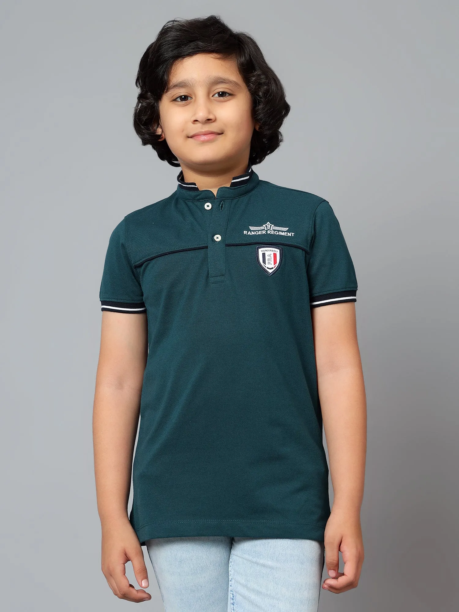 Cantabil Boy's Teal Blue Solid Mandarin Neck Half Sleeve T-shirt