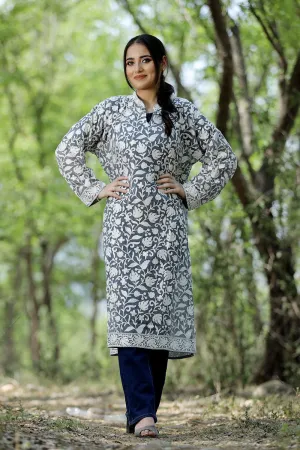 Classy Ash Grey Colour Kashmiri Embroidered Georgette Kurti