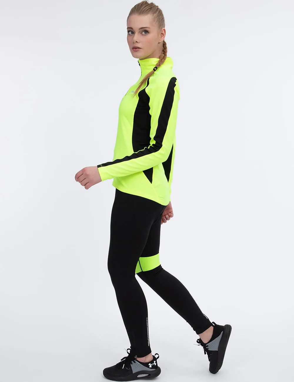 Damen Thermo Fahrradhose Lang Schwarz-Neon