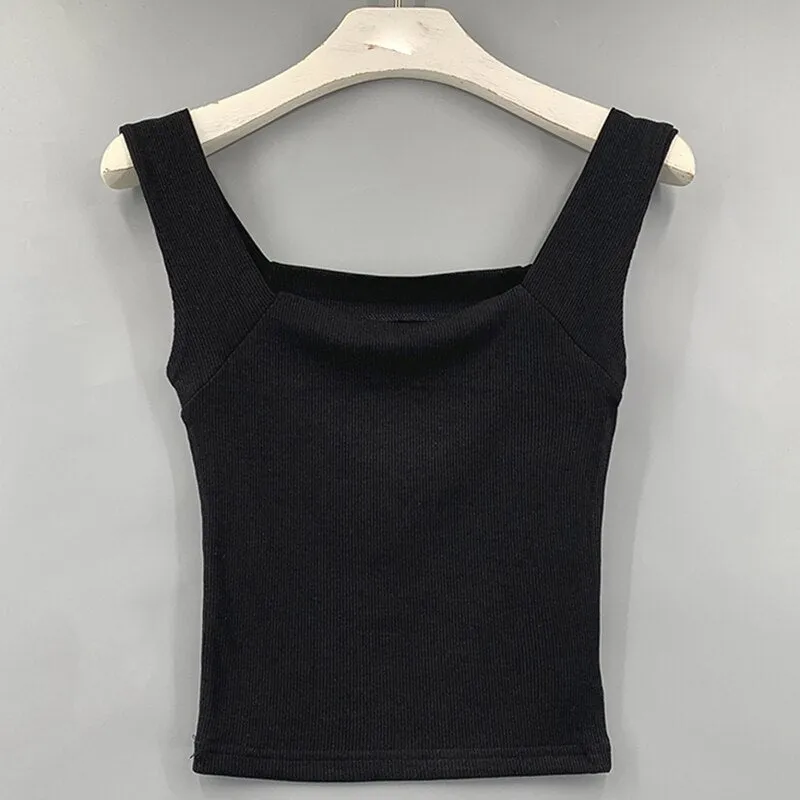 Fashionkova  Ribbed Cotton Crop Top Women Tank Tops Square Collar Elastic Sexy New Summer Tanks Solid Sleeveless Off Shouled Red Slim Clothes