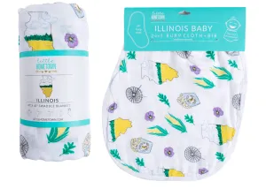 Gift Set: illinois Baby Muslin Swaddle Blanket and Burp Cloth/Bib Combo