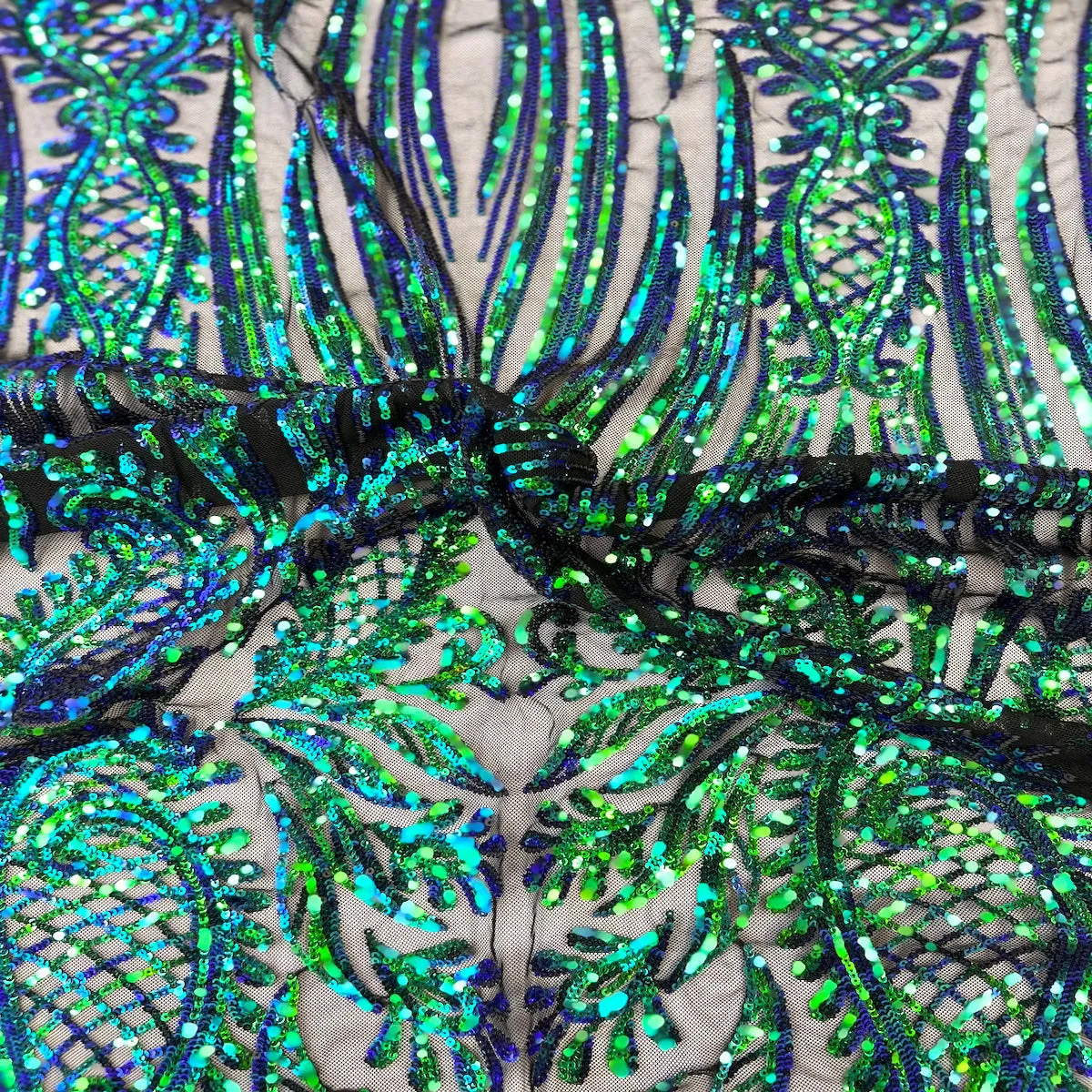 Green Iridescent Nebill Stretch Sequins Lace Fabric