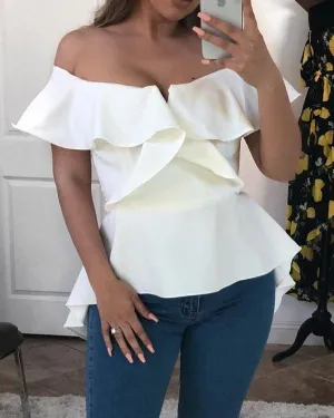 Ruffle Off Shoulder Split Back Hi-Lo Hem Blouse