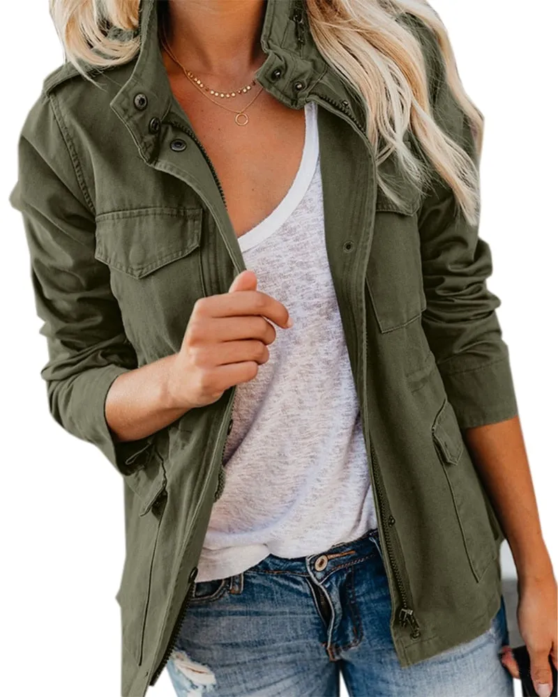 Wjczt Women Zipper Jacket Autumn Female Outerwear Long Sleeve Casual Streetwear Coat Windbreaker Anorak Stand Collar Military Jackets